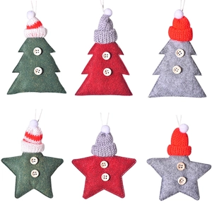 6pcs Felt Christmas ornaments with knitted hats and wooden buttons on white background