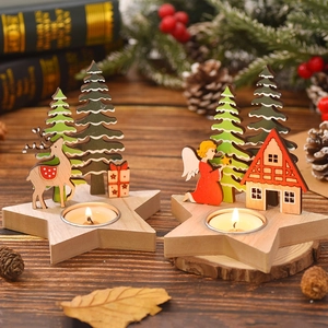 Wooden Christmas star candle holder with reindeer and angel figurines for home decor