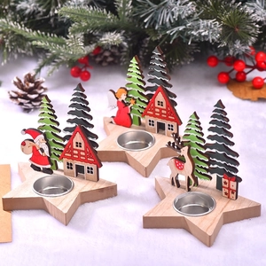 Christmas Wooden Candle Holder Star Shaped Base With Metal Cup Santa Reindeer Angel Tabletop Decoration Festive Ornament