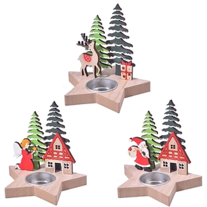 Three Christmas wooden candle holders with Santa, reindeer and angel on star bases
