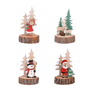 Set of four wooden Christmas figurines including Santa and Snowman on log bases