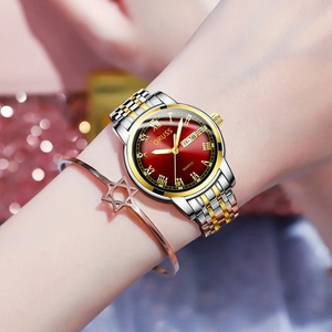 Elegant ORUSS quartz watch with red dial and gold-silver metal bracelet for women