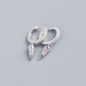 Detail of silver S925 geometric cone hoop earrings with sparkling micro pavé crystals
