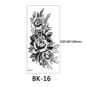 Black and white floral temporary tattoo featuring rose patterns, size 96x190mm