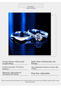 Detail showing 925 silver six-prong moissanite couple rings with adjustable open bands