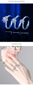 Detailed comparison of 0.6ct, 1ct, and 2ct six-prong moissanite rings on model hand