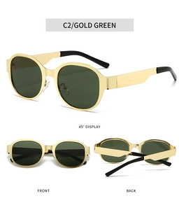 Three views of gold metal sunglasses with dark green lenses from various angles