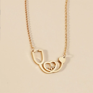Golden titanium steel heartbeat necklace with stethoscope and heart pendant for women