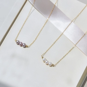 French Vintage 14K Gold Filled Freshwater Pearl Necklace For Women Minimalist Smile Design Three Pearls Clavicle Chain Jewelry
