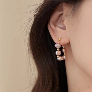 Baroque irregular pearl C-shaped earrings in pink purple and gold for women