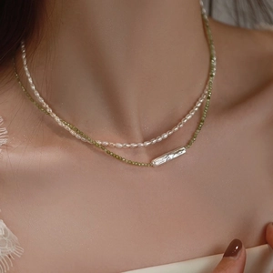 Olive Green Zircon Beaded Necklace And Bracelet With Baroque Freshwater Pearl Copper Gold Plated Elegant Jewelry Women