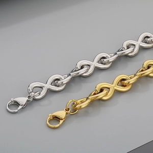 Polished stainless steel infinity symbol bracelets in gold and silver with lobster clasp