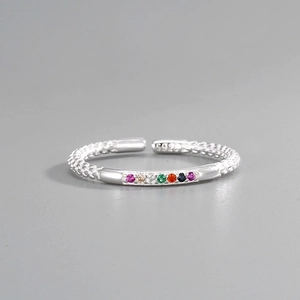S925 Sterling Silver Rainbow Zirconia Open Ring For Women Minimalist Adjustable Colorful Stone Geometric Finger Ring Jewelry Gift