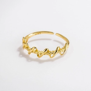 Minimalist S925 sterling silver adjustable open ring with wavy woven lines in gold finish