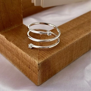 925 Sterling Silver Open Ring For Women Korean Minimalist Spiral Three Layer Rhinestone Adjustable Finger Ring Fashion Jewelry