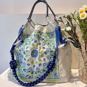 Japanese cashew flower embroidery nylon tote bag with colorful pattern and straps