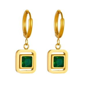 Elegant gold earrings with square emerald-cut green stones and diamond accents