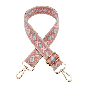 Detail of colorful geometric diamond pattern woven strap with gold lobster clasps
