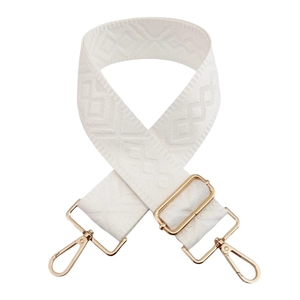 Adjustable white wide fabric shoulder strap with geometric diamond embroidery and gold hardware