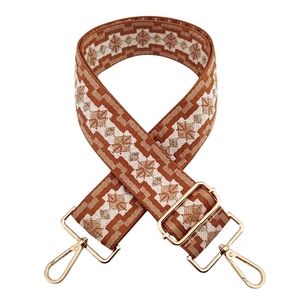 Adjustable brown and white bohemian geometric jacquard wide shoulder strap with gold hooks