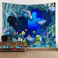 Détail d'une tenture murale 3D scène océanique avec des dauphins et poissons tropicaux