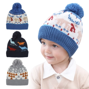 Kids winter knit dinosaur and elk jacquard beanies with fluffy pompom in three colors