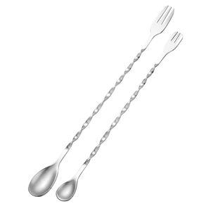 Dual-ended 304 stainless steel long handle cocktail spoon with twisted design and fork end