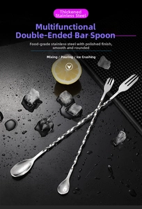 Detailed macro of a dual-head 304 stainless steel cocktail stirring spoon with fork end