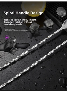 Macro detail of 304 stainless steel cocktail spoon with a non-slip spiral long handle