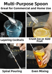 Detailed views of dual-use 304 stainless steel bar spoon for layering and mixing cocktails