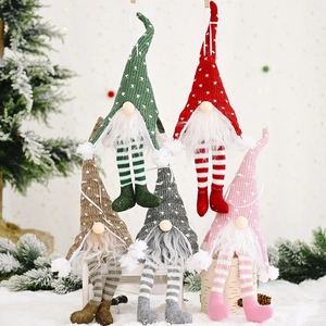 Christmas Gnome Plush Hanging Ornament With LED Light Knitted Heart Pattern Hat Striped Long Legs Tomte Decor