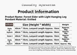 Size chart for glowing forest gnome pendants showing height, width, and knit material