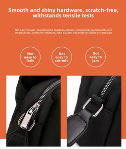 Detailed view of durable silver metal zippers and D-ring on black nylon shoulder bag