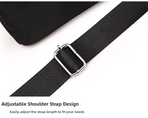 Detail of adjustable nylon shoulder strap with silver metal buckle on black crossbody bag