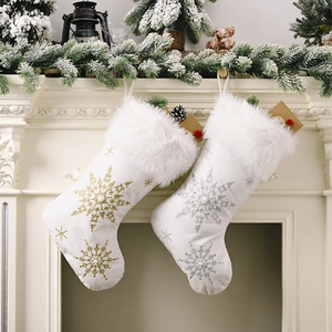 Christmas Stocking White Velvet Faux Fur Cuff Gold Silver Snowflake Embroidery Artificial Pearl Accent Holiday Fireplace Hanging Decoration