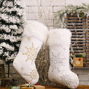 White Plush Christmas Stocking With Faux Fur Cuff Gold Silver Snowflake Embroidery Artificial Pearl Xmas Gift Bag Holiday Home Decor