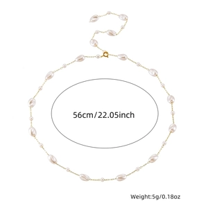 Elegant gold chain necklace with irregular pearls and measurement details shown on white background