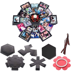 DIY black explosion gift box set with multi-layer paperboards, red ribbons and double-sided tape