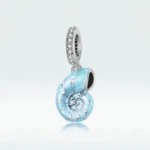 Pendentif coquillage en émail bleu en argent sterling 925 avec zircons brillants