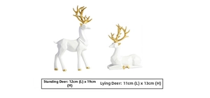 Detailed size chart for modern white resin deer figurines with geometric facets and gold horns