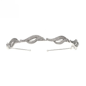 Close-up of silver-plated bridal headband with wave-shaped leaf zircon patterns