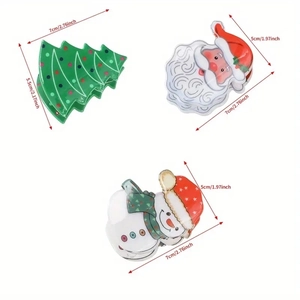 Christmas hair clips featuring Santa Claus, snowman and tree with size measurements