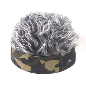 Camouflage wig hat featuring thick grey synthetic hair for party and outdoor fishing