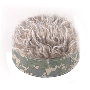 Detail of digital camo trim and long curly blonde wig on a unique streetwear docker hat