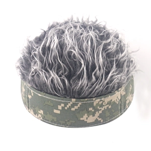 Detail view of digital camouflage headband with creative greyish-white synthetic wig hair