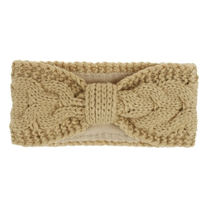 Detail of cable knit headband with warm fleece lining and elegant bow design