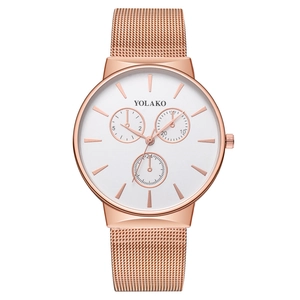 Minimalist rose gold mesh band watch with three-eye white dial for fashion-forward style