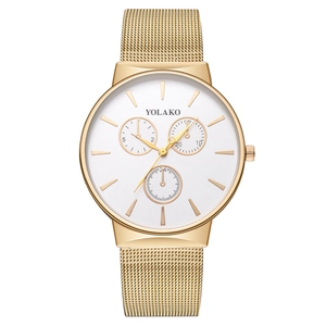 Elegant gold Milanese strap men's watch with a white chronograph dial and mesh band