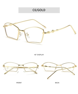 Three angles of gold polygonal fan-shaped sunglasses showing 45-degree, front, and back views