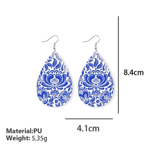 Blue and white porcelain style teardrop PU leather earrings with dimensions and weight